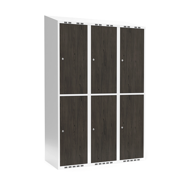 Sonesson Garderobeskab 3x400 mm Skråt tag 2-delt søjle Laminat dør Nocturne wood Cylinderlås – Garderobeskabe