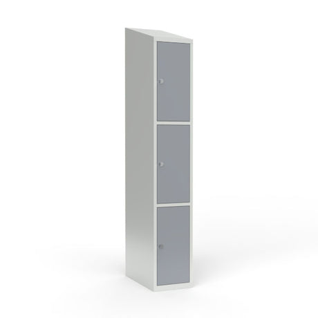 Skoleskab 1x300 Skråt tag 3 rum i højden Grå ståldør Greb for hængelås – image 1