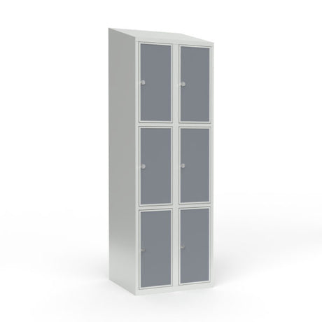 Skoleskab 2x300 Skråt tag 3 rum i højden Lys grå laminatdør Greb for hængelås – image 1