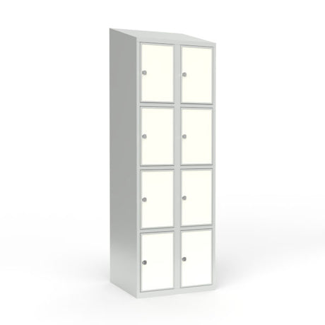 Skoleskab 2x300 Skråt tag 4 rum i højden Hvid laminatdør Greb for hængelås – image 3