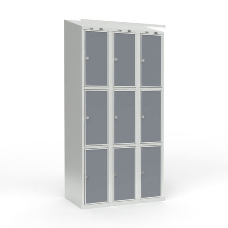 Skoleskab 3x300 Skråt tag 3 rum i højden Lys grå laminatdør Greb for hængelås – image 1