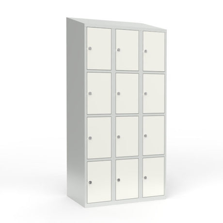 Skoleskab 3x300 Skråt tag 4 rum i højden Hvid ståldør Greb for hængelås – image 1