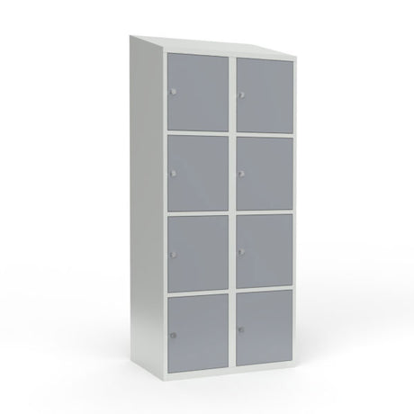 Skoleskab 2x400 Skråt tag 4 rum i højden Grå ståldør Greb for hængelås – image 3