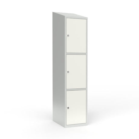 Skoleskab 1x400 Skråt tag 3 rum i højden Hvid ståldør Greb for hængelås – image 1