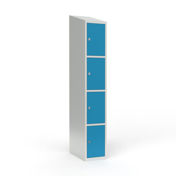 Sonesson Skoleskab 1x300 Skråt tag 4 rum i højden Lys blå  ståldør Greb for hængelås – Elevskabe (billede 1)