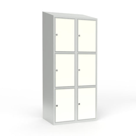 Skoleskab 2x400 Skråt tag 3 rum i højden Hvid laminatdør Greb for hængelås – image 1
