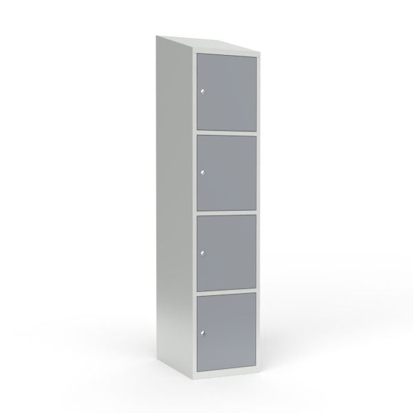 Skoleskab 1x400 Skråt tag 4 rum i højden Grå ståldør Cylinderlås – image 1