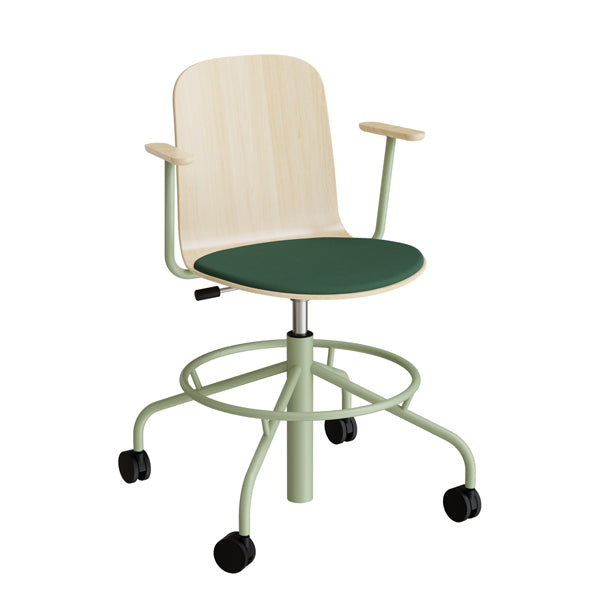 Stol ADD 5903, Fodkryds, hjul og armlæn, Hvidpigmenteret eg laminat, Sæde grønt tekstil, Grønt stel