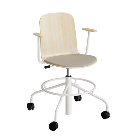 Stol ADD 5903, Fodkryds, hjul og armlæn, Hvidpigmenteret eg laminat, Sæde med beige tekstil, Hvidt stel