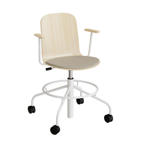 Stol ADD 5903, Fodkryds, hjul og armlæn, Birk laminat, Sæde med beige tekstil, Hvidt stel