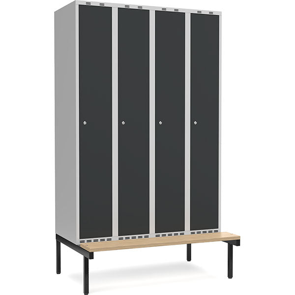 Garderobeskab 4x300mm m/lige tag, antracit dør med cylinderlås og siddebænk – image 1