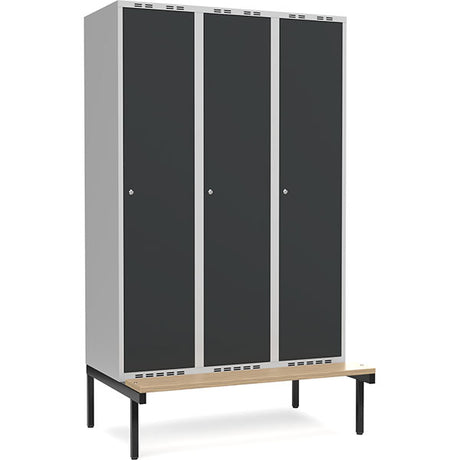 Garderobeskab 3x400mm m/lige tag, antracit dør med cylinderlås og siddebænk – image 1
