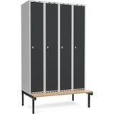 Garderobeskab 4x300mm m/lige tag, antracit dør med greb for hængelås og siddebænk – image 1