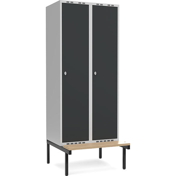 Garderobeskab 2x400mm m/lige tag, antracit dør med greb for hængelås og siddebænk – image 1