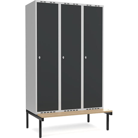 Garderobeskab 3x400mm m/lige tag, antracit dør med greb for hængelås og siddebænk – image 1