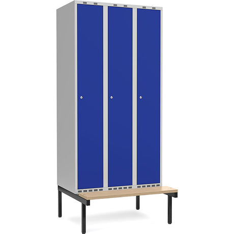 Garderobeskab 3x300mm m/lige tag, blå dør med cylinderlås og siddebænk – image 1
