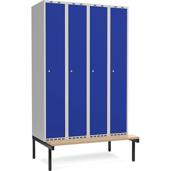 Garderobeskab 4x300mm m/lige tag, blå dør med cylinderlås og siddebænk – image 1