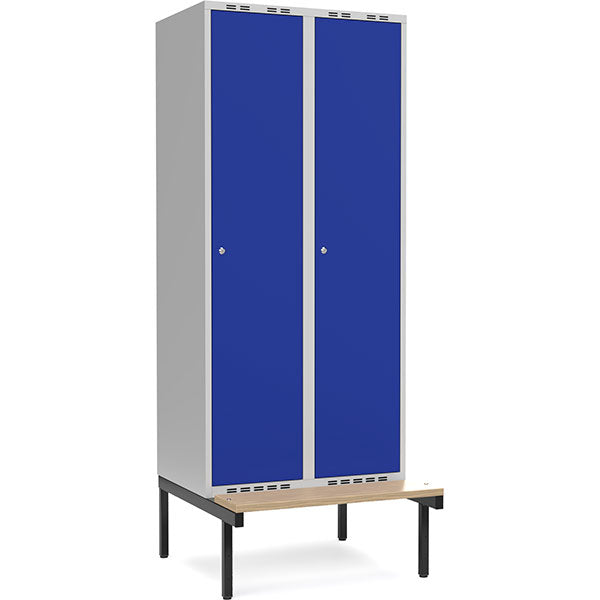 Garderobeskab 2x400mm m/lige tag, blå dør med cylinderlås og siddebænk – image 1