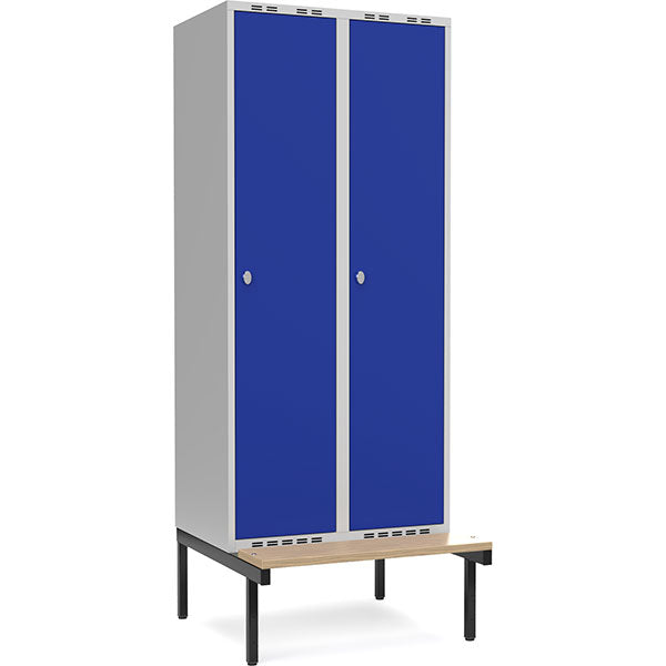 Garderobeskab 2x400mm m/lige tag, blå dør med greb for hængelås og siddebænk – image 1