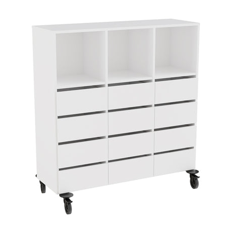 Opbevaring Stig 3x3 rum, 12 skuffer, hvid laminat, hjul