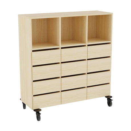 Opbevaring Stig 3x3 rum, 12 skuffer, birk laminat, hjul