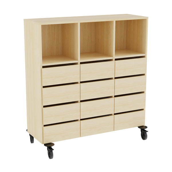 Opbevaring Stig 3x3 rum, 12 skuffer, birk laminat, hjul