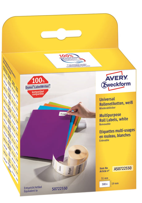 Avery aftagelig etiket på rulle 19x51mm (500)