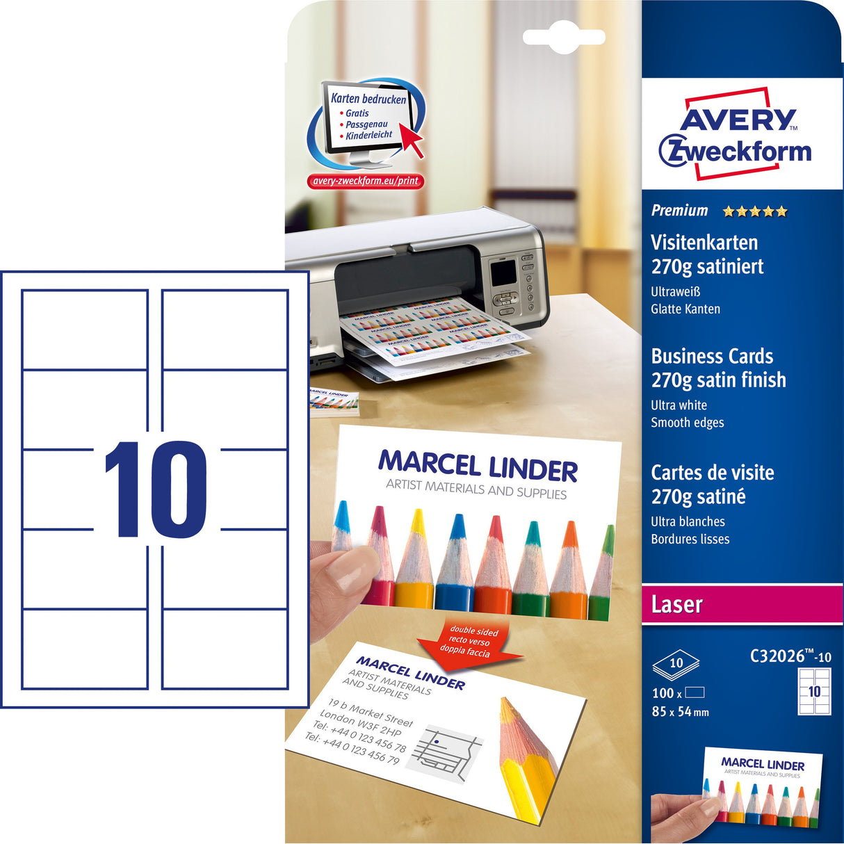 Avery Visitkort premium 270g 85x54 (100) (billede 2)