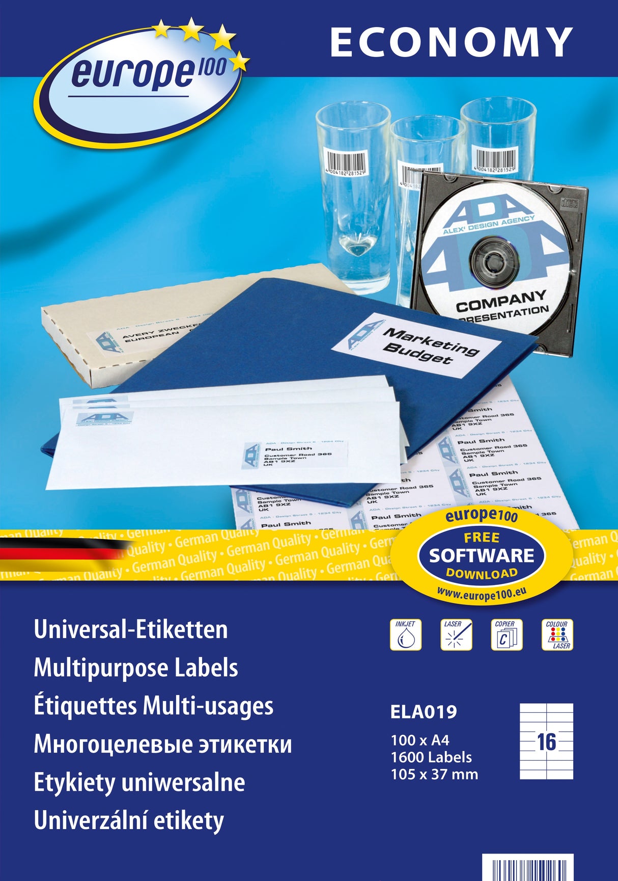 Avery Europe 100 universal etiket 105x37,1mm (1600)
