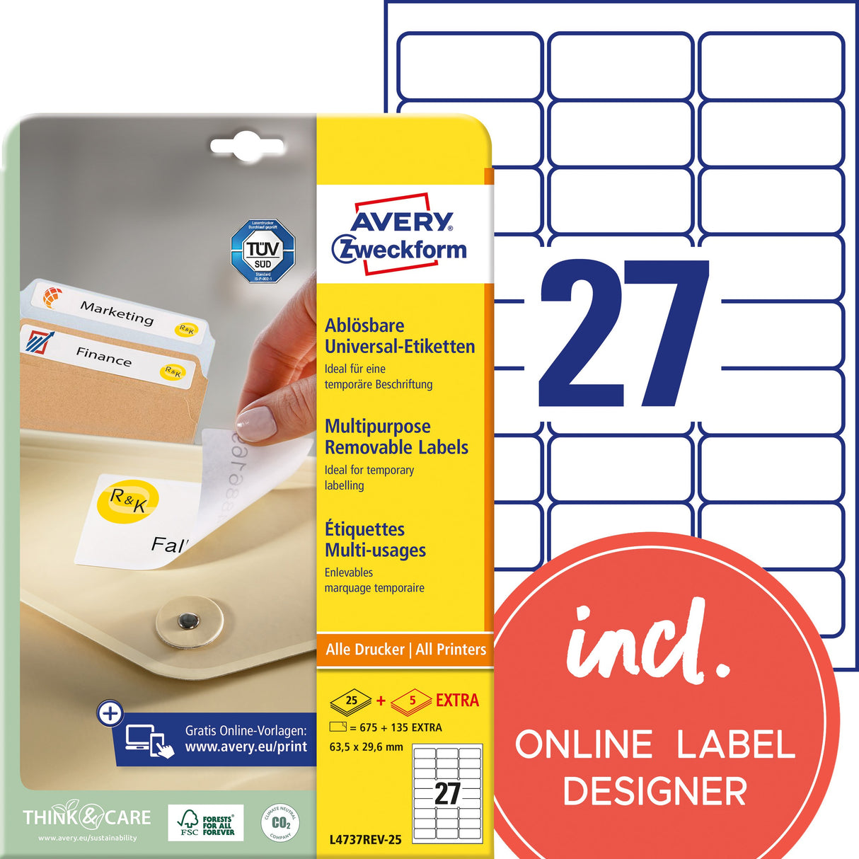 AVERY Aftagelige etiket 63,5x29,6mm hvid – image 1