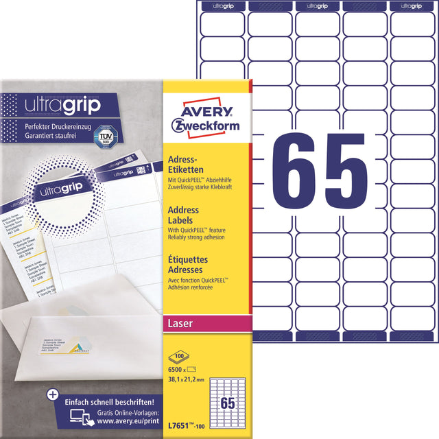 Avery L7651-100 Adresseetiketter 38,1x21,2mm QP+UG (6500)