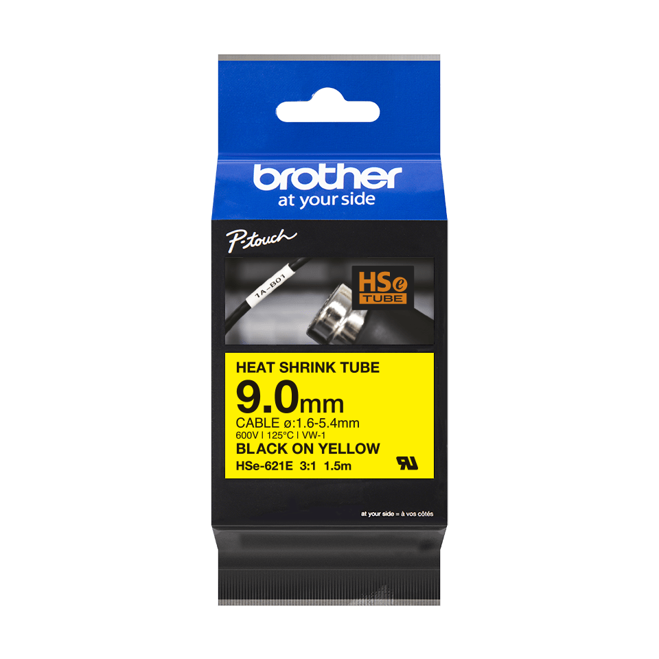 Brother HSe-221E sort på gul krympeflextape – 9 mm – Labeltape (billede 1)