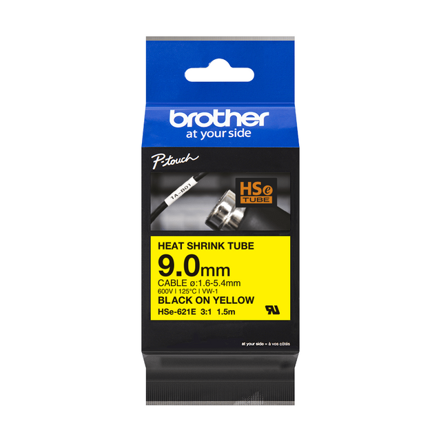 Brother HSe-221E sort på gul krympeflextape – 9 mm – Labeltape (billede 1)