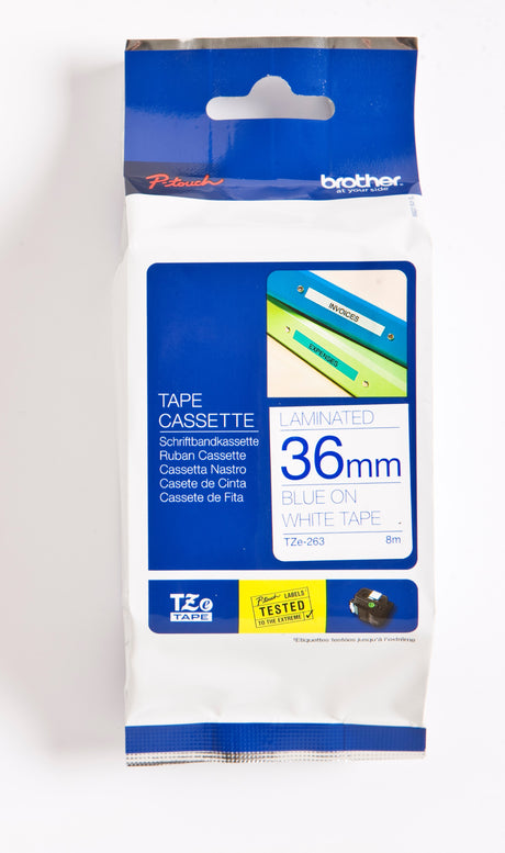Brother TZe tape 36mmx8m blue/white – image 3