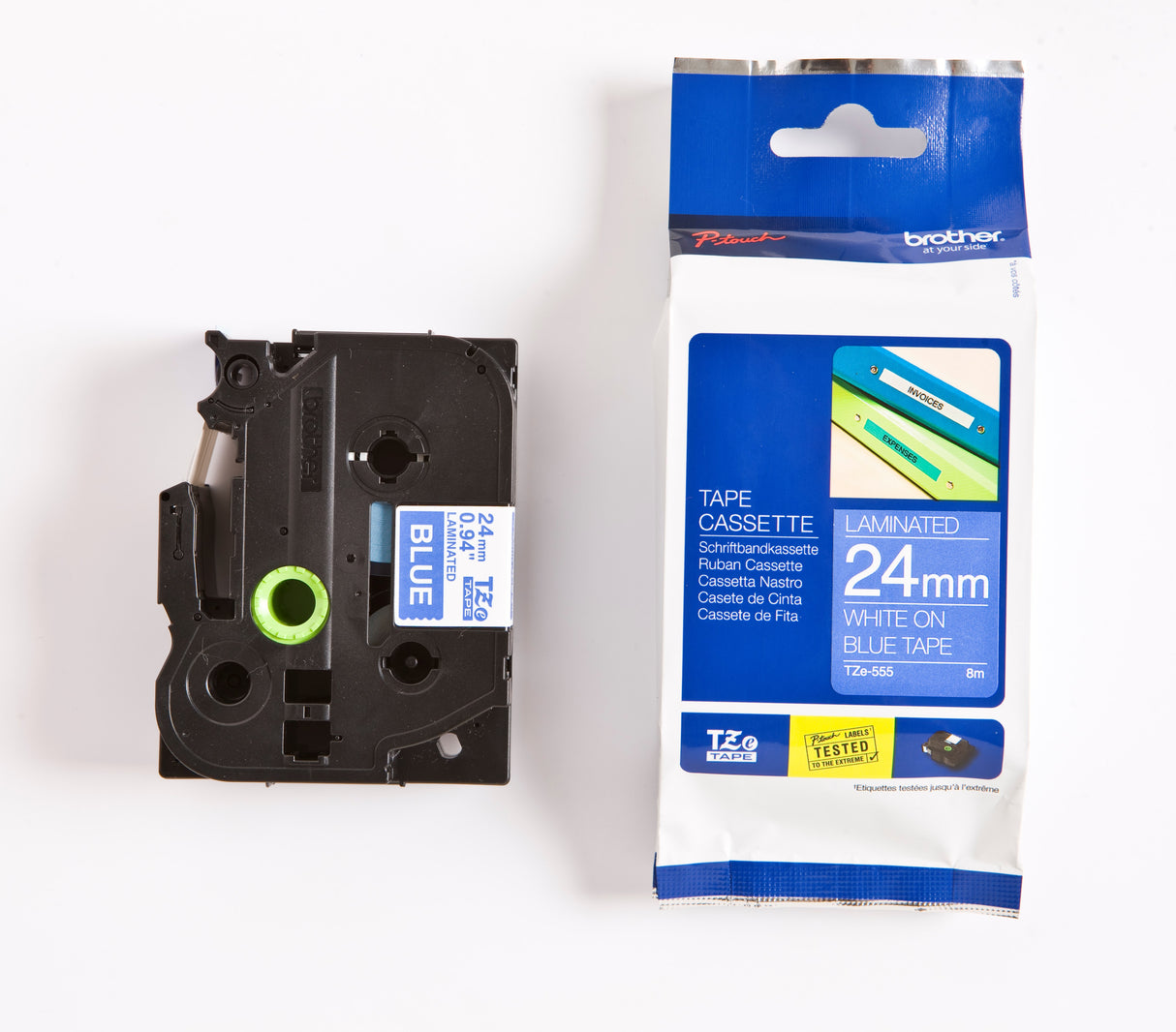 Brother TZe tape 24mmx8m white/blue – Labeltape (billede 2)