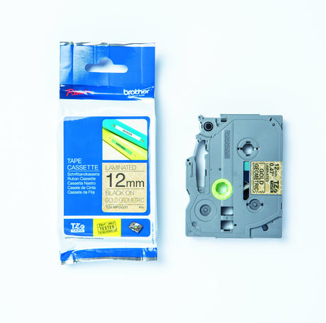 TZe-MPGG31 printer sort tekst på mønstret lamineret tape