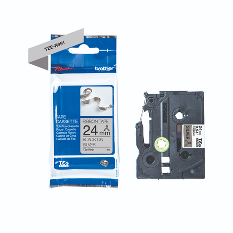 TZe-R951 printer sort tekst på sølv 24mm bånd