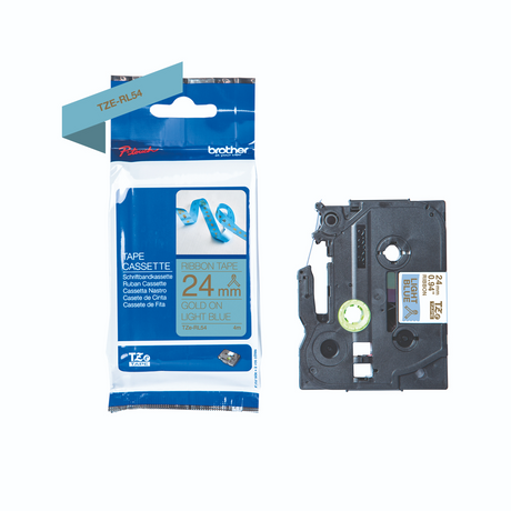 TZe-RL54 printer guld tekst på lyseblå 24mm satinbånd – image 1
