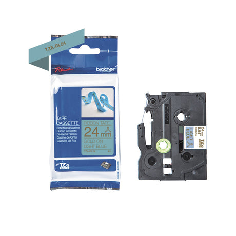 TZe-RL54 printer guld tekst på lyseblå 24mm satinbånd – image 2