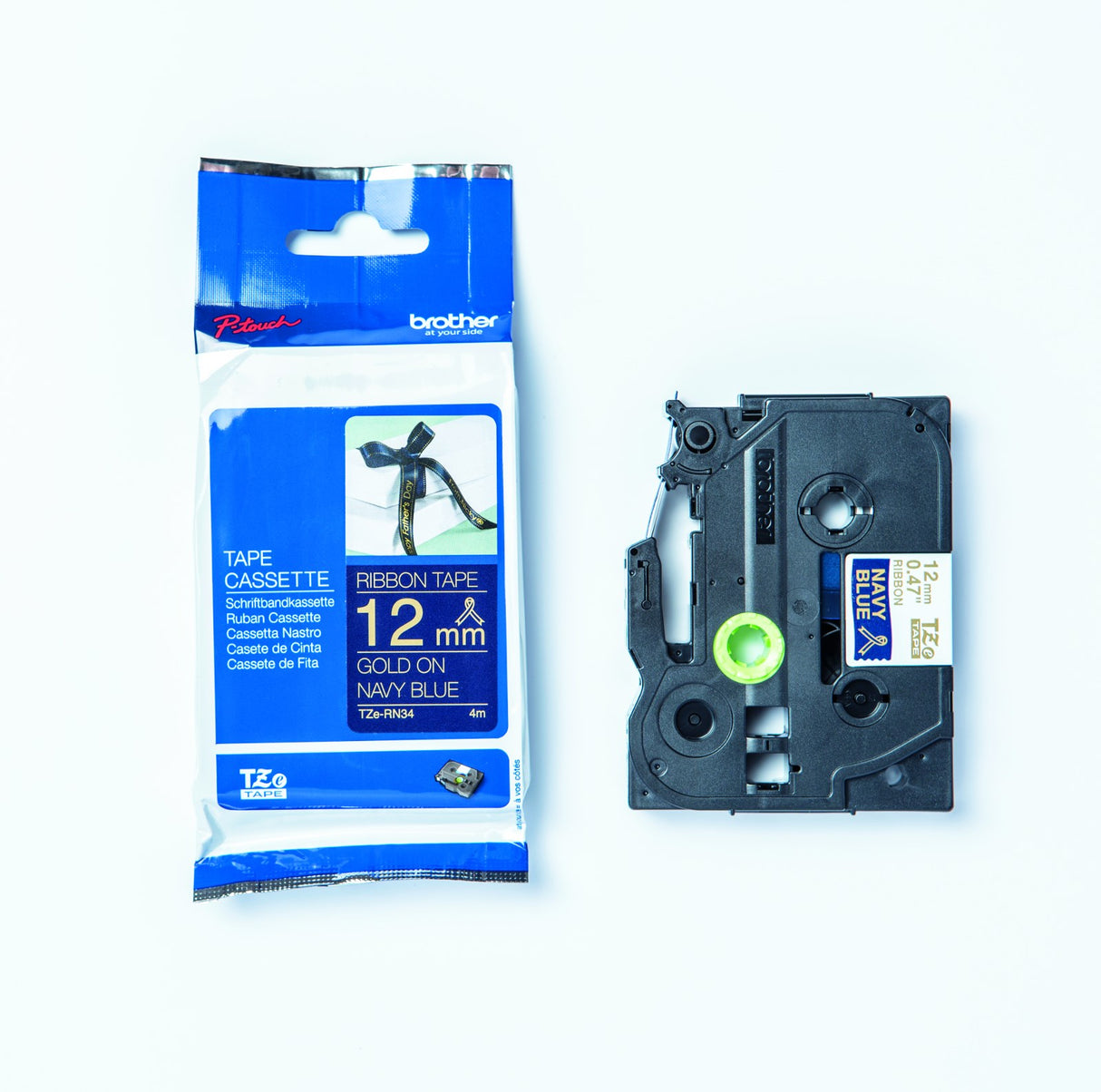 TZe-RN34 printer guld tekst på marineblåt bånd