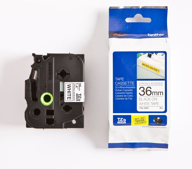 Brother TZeS tape 36mmx8m strong black/white – Labeltape (billede 1)