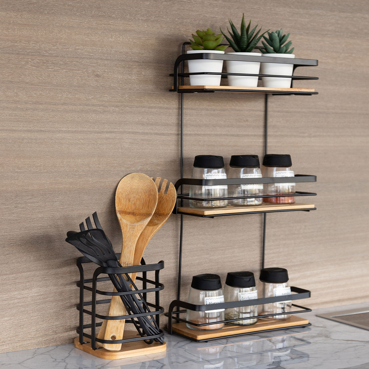 Badeværelseshylde Bambus Sort aluminium – image 2