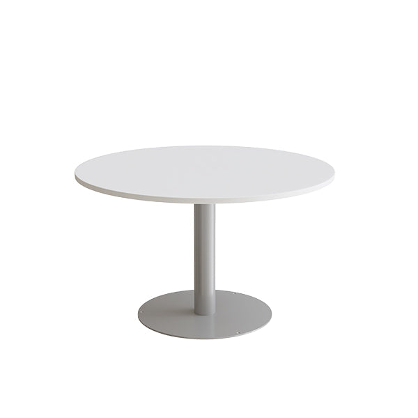 Form o Miljö Bord Cirkum, Ø1200mm, højde 720 mm, hvid laminat med alugråt stel – Kantineborde