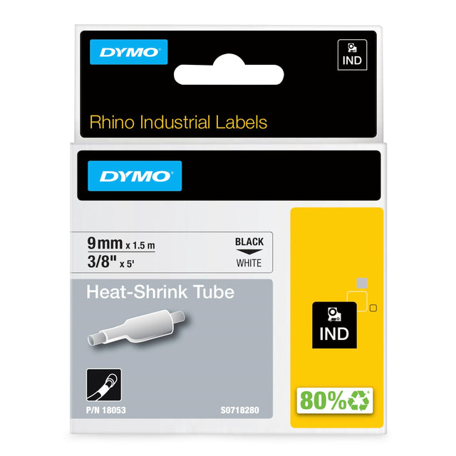 Dymo Tape Rhino 9mmx1,5m shrink tube bl/whi – Labeltape (billede 1)