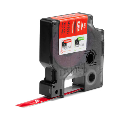 Dymo Tape Rhino 12mmx5,5m colour vinyl hvid på rød – Labeltape (billede 2)