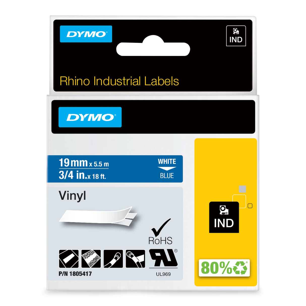 Dymo Tape Rhino 19mmx5,5m colour vinyl white/blu – Labeltape (billede 1)