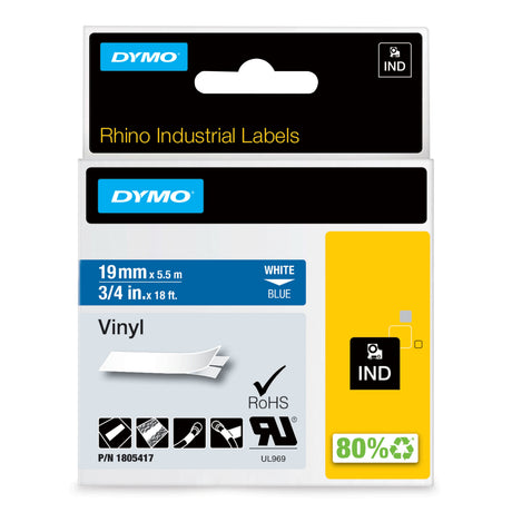 Dymo Tape Rhino 19mmx5,5m colour vinyl white/blu – Labeltape (billede 1)