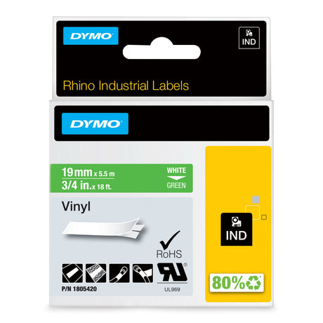 Dymo Tape Rhino 19mmx5,5m colour vinyl whi/gre – Labeltape (billede 1)
