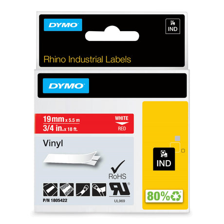 Dymo Tape Rhino 19mmx5,5m colour vinyl wh/red – Labeltape (billede 1)