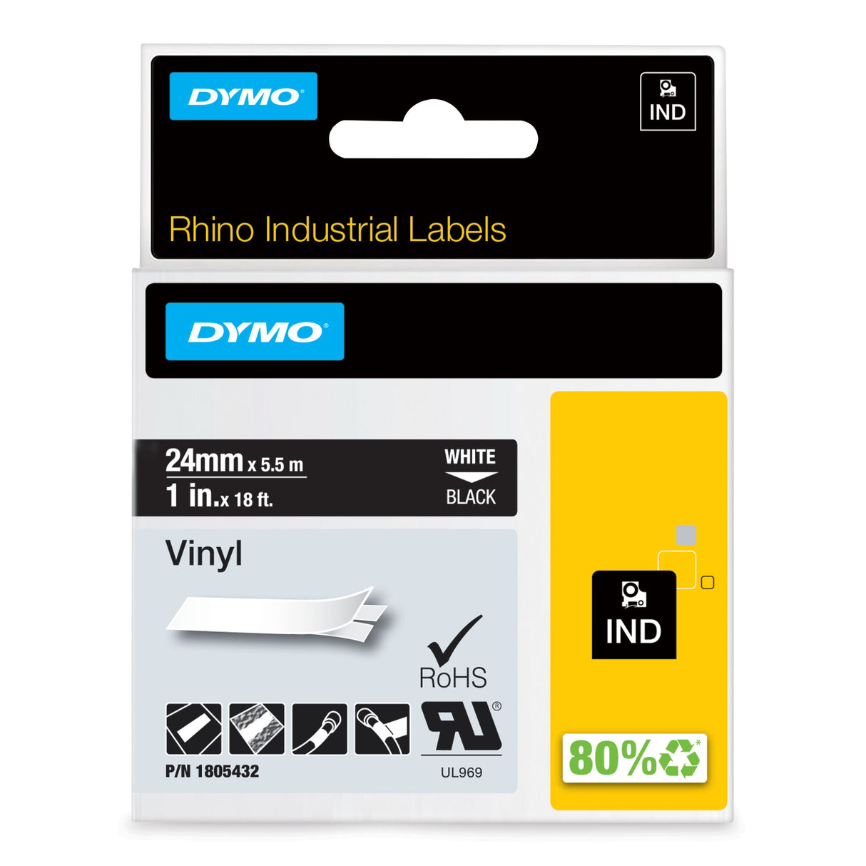 Dymo Tape Rhino 24mmx5,5m colour vinyl hvid på sort – Labeltape (billede 1)